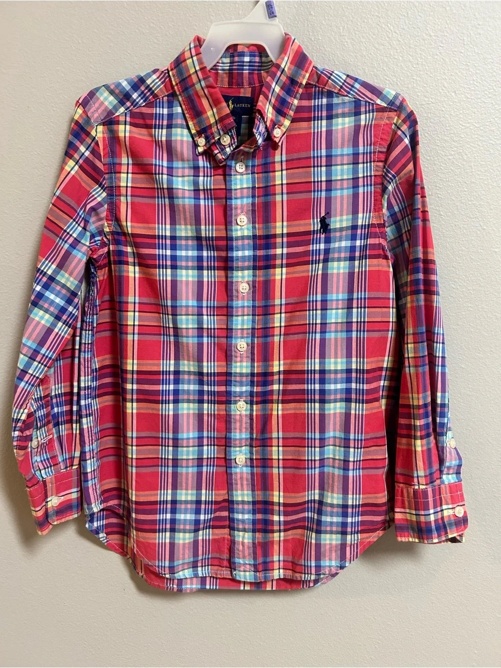 Polo Ralph Lauren Boys Size 8 Red Blue Plaid Long Sleeve Button Down Shirt
